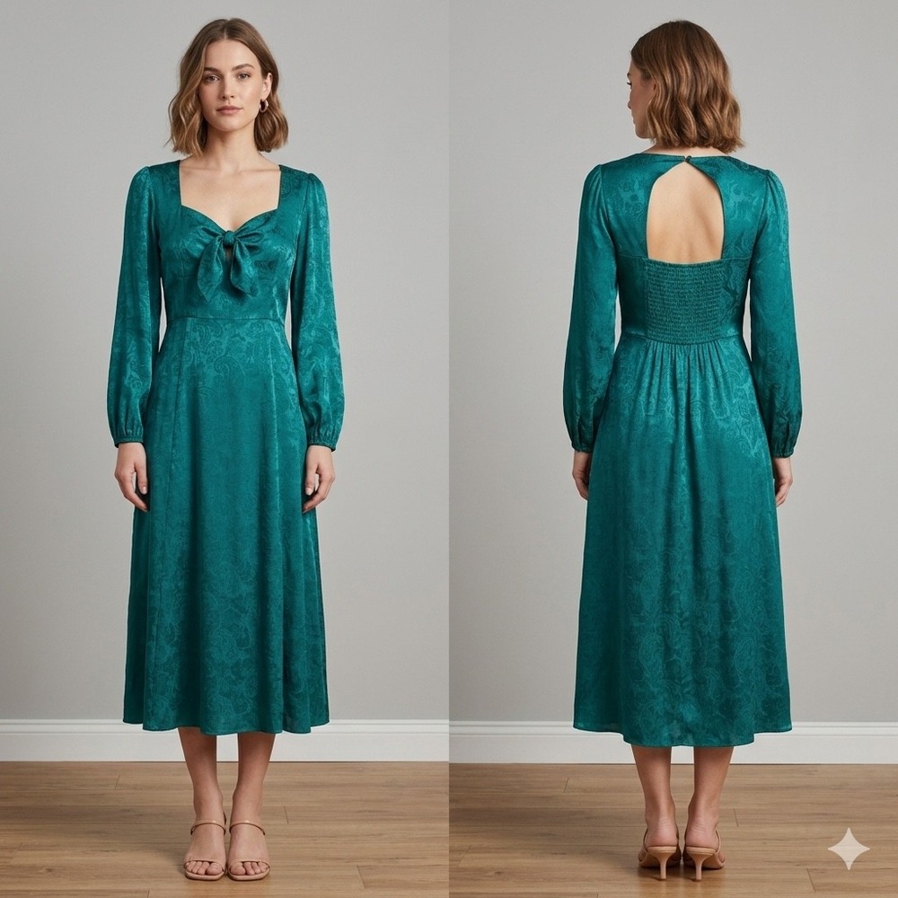 NSR Teal Green Midi Dress L Side Slit Paisley Jacquard Long Sleeve Cutout Back
